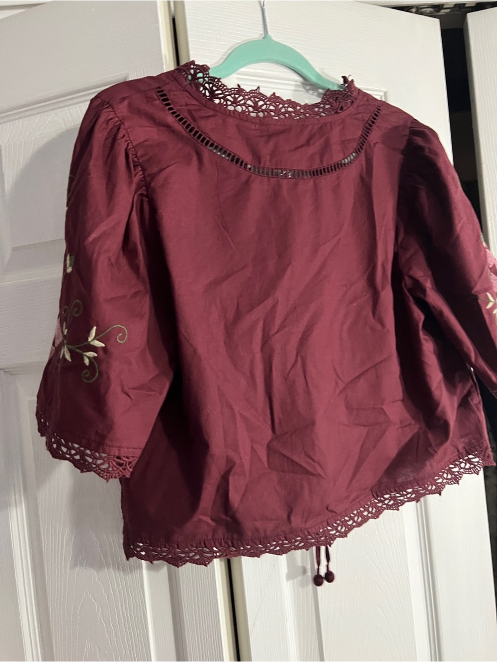 Embroidered Burgundy Women's Blouse with Lace Trim - Picture 10 of 10
